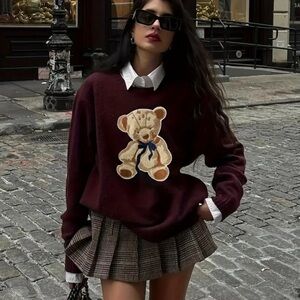 New Women's Burgundy Adorable Graphic Teddy Bear Knit Sweater Soft & Cozy XXL